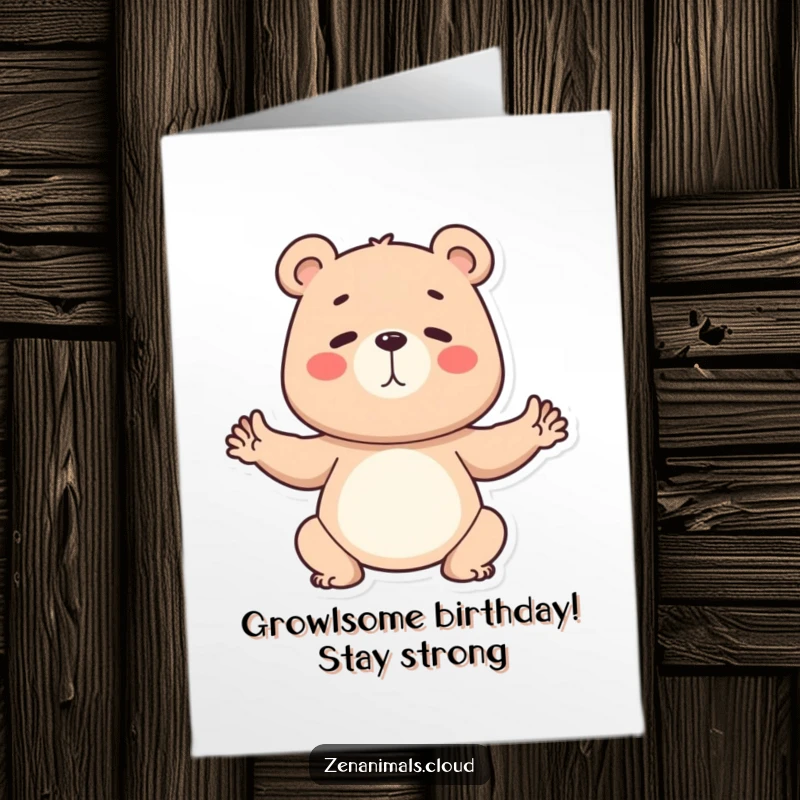 Funny free printable birthday card showing a determined bear in a yoga pose, ready to celebrate with strength.