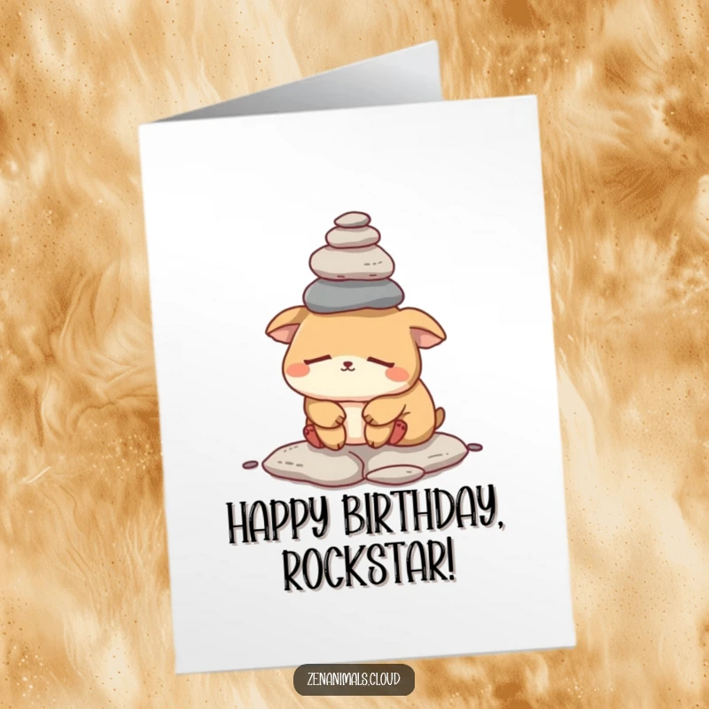 Funny Free Printable Birthday Card: a sleepy animal precariously balancing a stack of small rocks on its head, looking adorably tired.