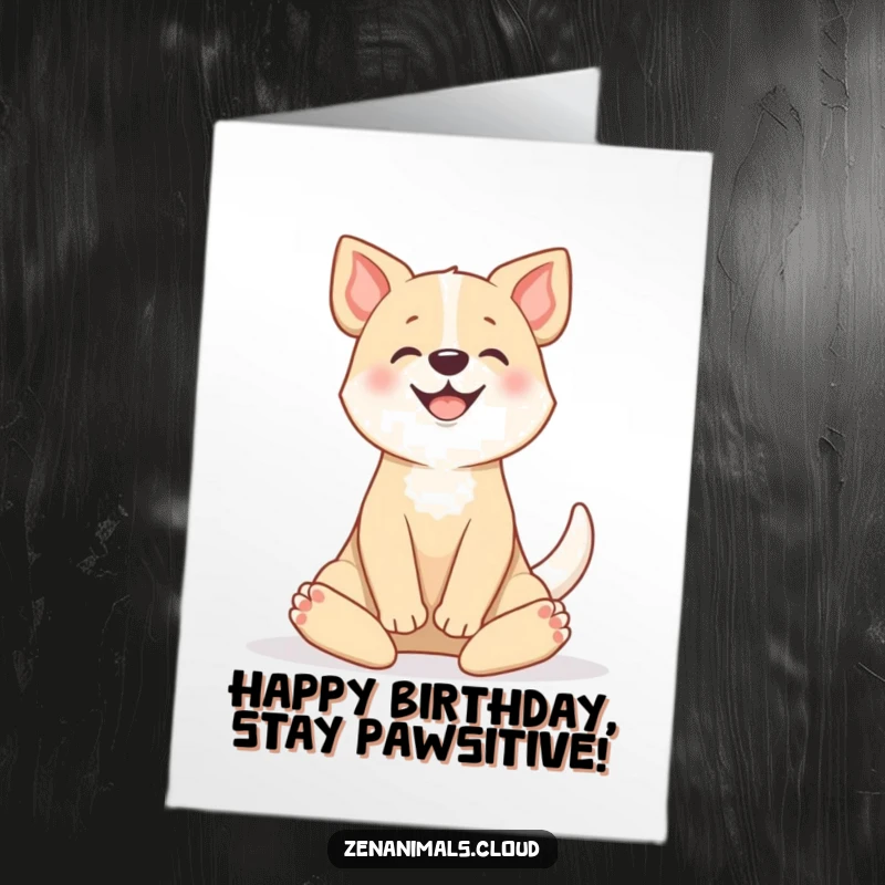 Funny free printable birthday card with a dog happily wagging its tail in a serene lotus position, radiating zen.