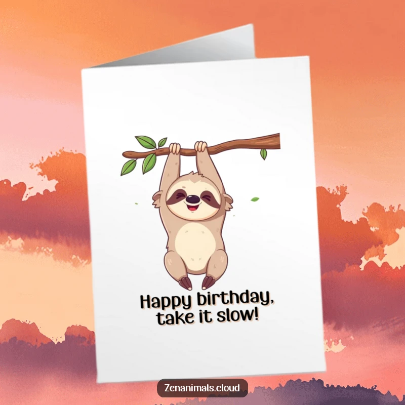 Funny free printable birthday card featuring a giggling sloth hanging upside down from a branch, looking hilariously amused.
