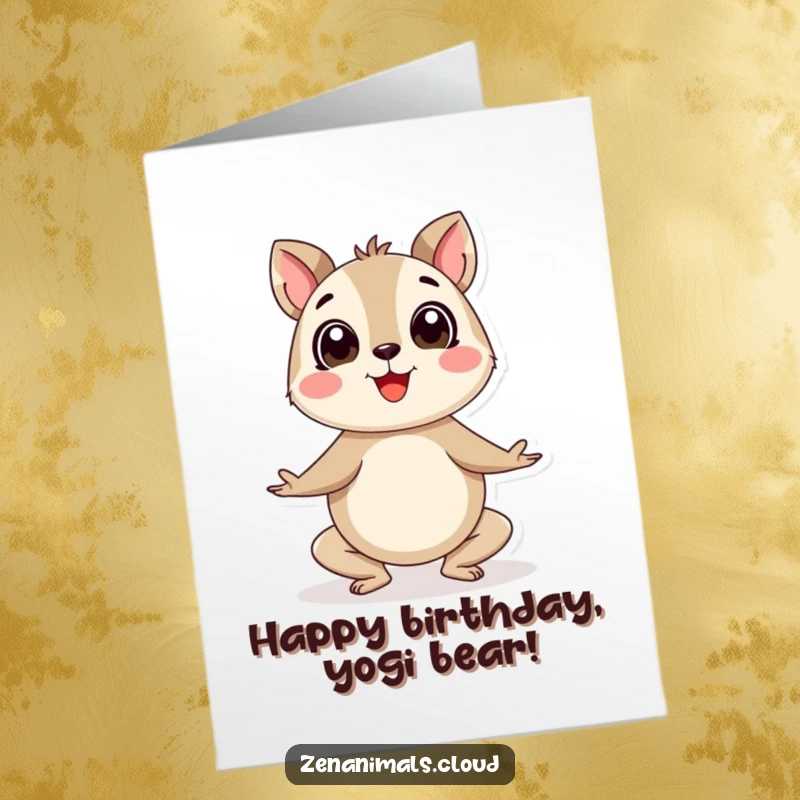 Funny Free Printable Birthday Card featuring a round animal enthusiastically striking a yoga pose with wide, joyful eyes and a big smile.