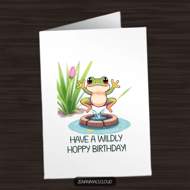 Funny Free Printable Birthday Card: A vibrant frog mid-leap, splashing into a tiny pond with joyful energy.