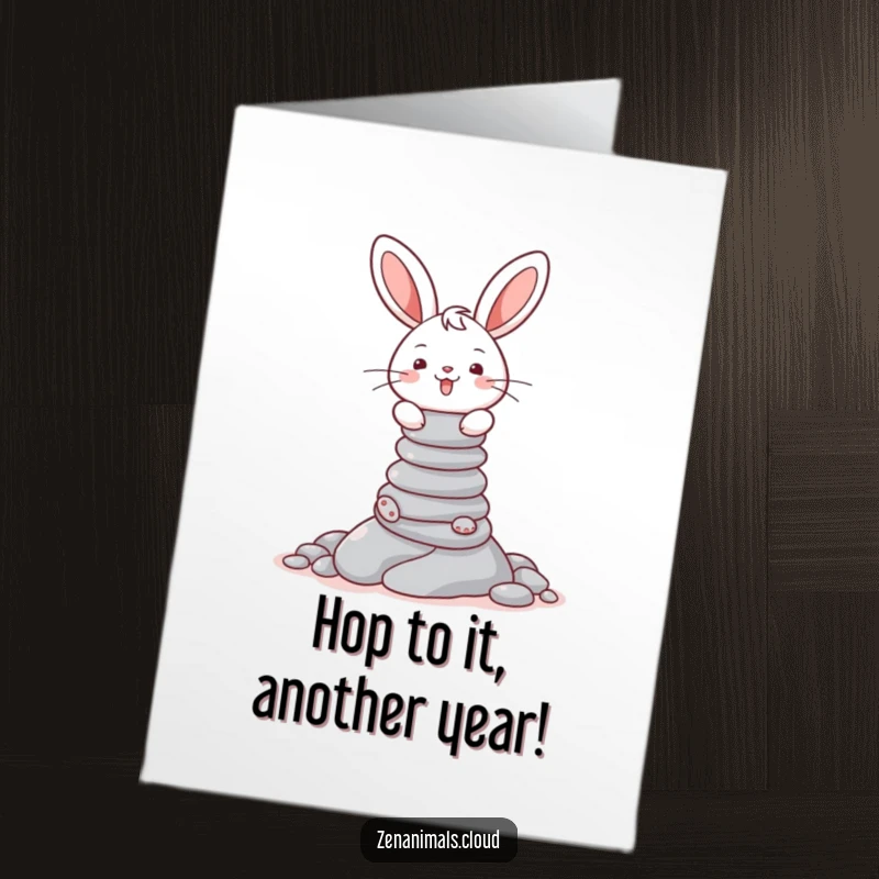 Funny free printable birthday card: A happy, fluffy bunny carefully balancing a tall stack of various sized stones on its nose.
