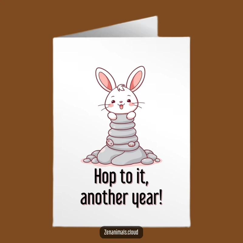 Wish them a balanced and happy birthday with this free printable card! A cheerful bunny expertly balancing a stack of pebbles, print-at-home fun.