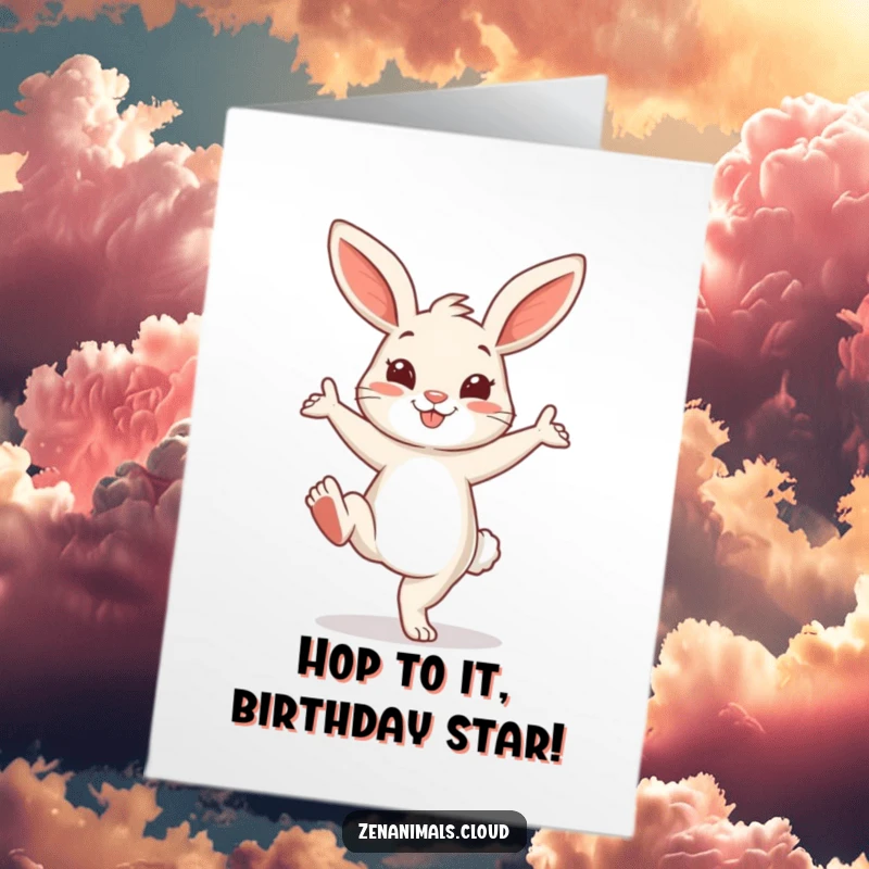 Funny Free Printable Birthday Card featuring a cheerful bunny in a playful yoga pose with one leg extended. Energetic downloadable.