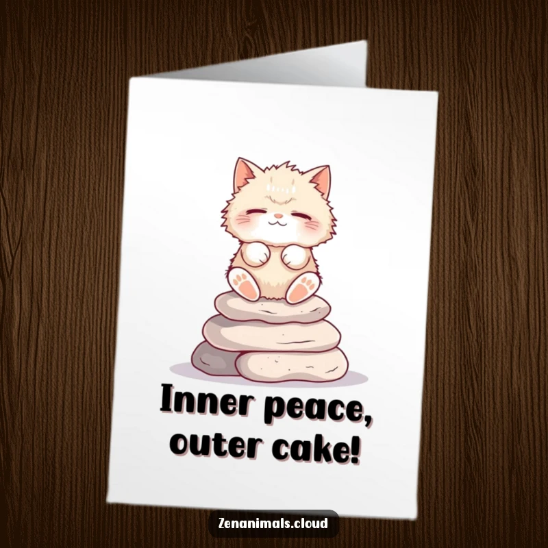 Funny free printable birthday card featuring a fluffy cat meditating serenely on stacked stones, radiating calm.
