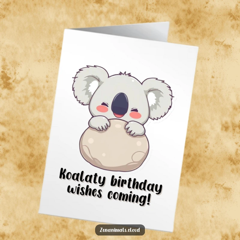 Funny Free Printable Birthday Card: Joyful koala hugging a stone, eyes wide with delight, celebrating a birthday. Downloadable art.