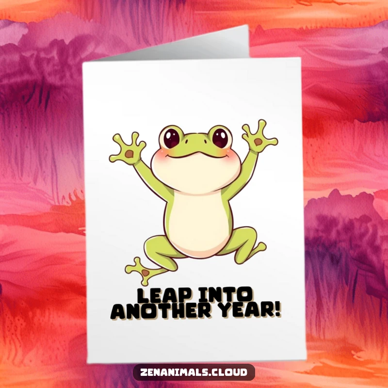 Funny Free Printable Birthday Card: A joyful frog in a leaping pose, celebrating your birthday with enthusiasm.
