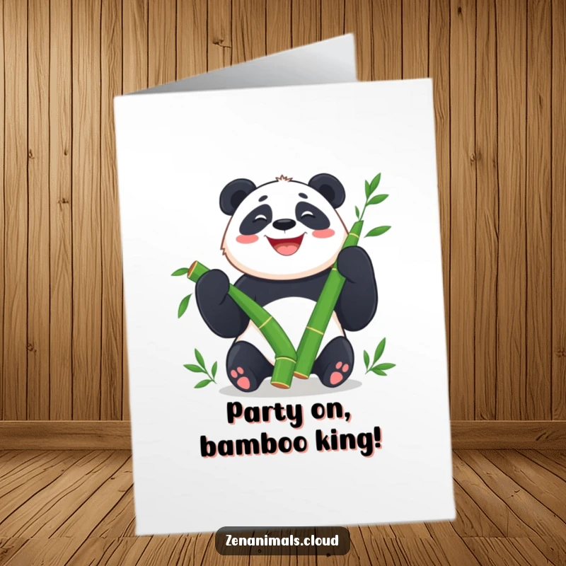 Funny free printable birthday card featuring a gleeful panda expertly juggling three fresh bamboo shoots with a huge smile.