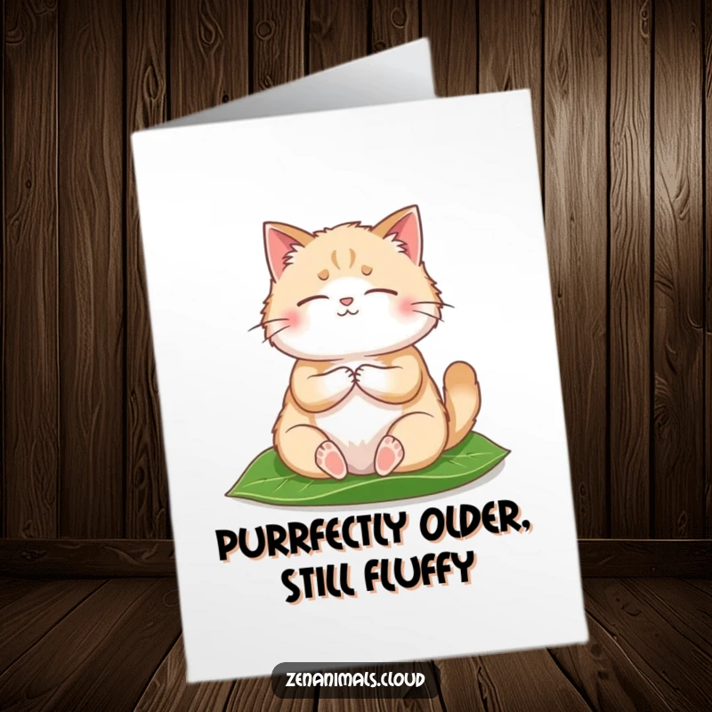 Funny free printable birthday card featuring a round, fluffy cat meditating serenely on a leaf, bringing calm and giggles.