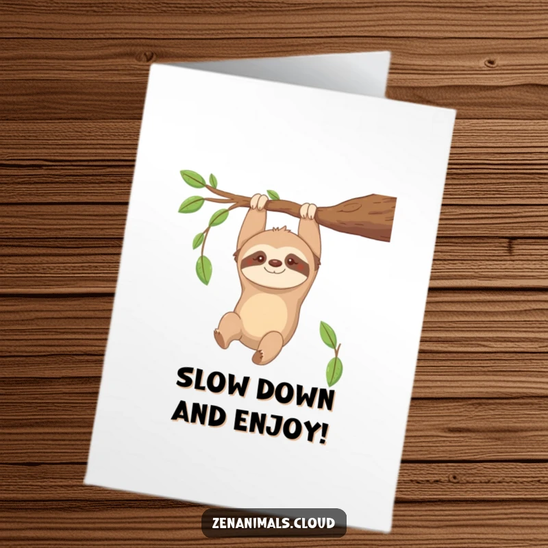 Funny free printable birthday card featuring a contented sloth hanging upside down from a branch with a gentle, happy smile.