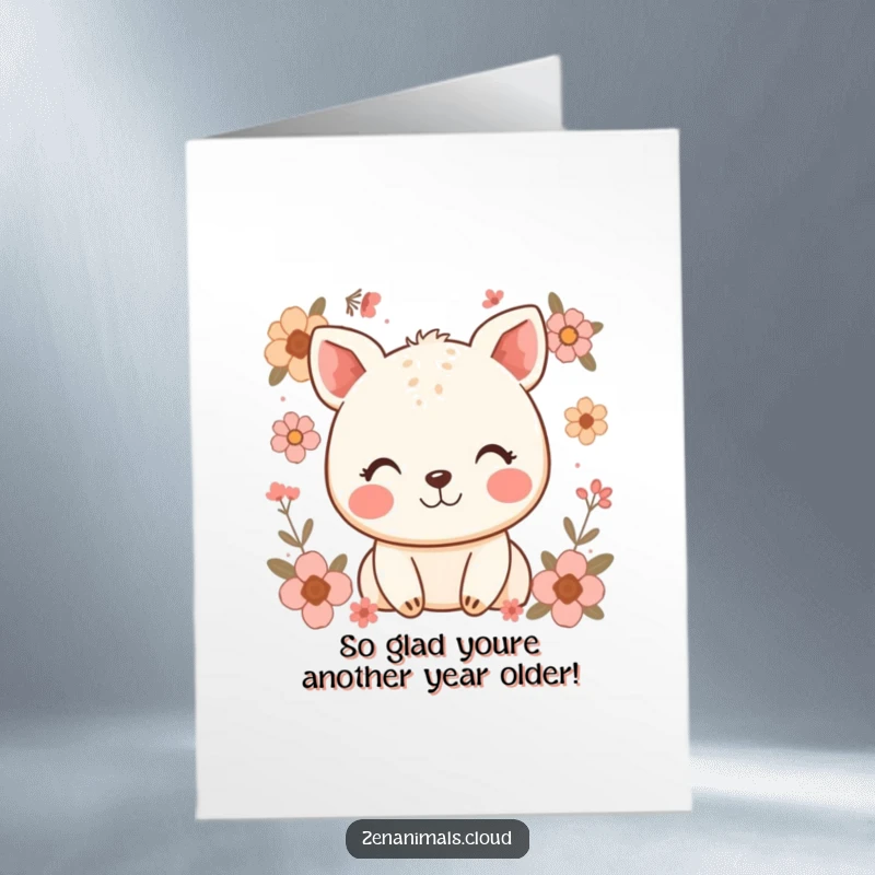 Funny Free Printable Birthday Card: A cheerful, smiling animal nestled among soft floral accents, ready to bring birthday cheer with a giggle.