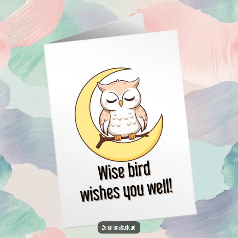 Funny Free Printable Birthday Card: Calm owl on moon, blinking slowly, spreading sleepy birthday cheer. Downloadable art.