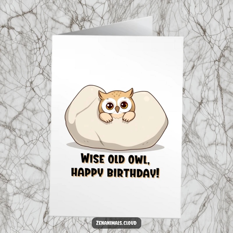 Funny Free Printable Birthday Card featuring a curious owl peeking from behind a large stone. Intriguing downloadable surprise.