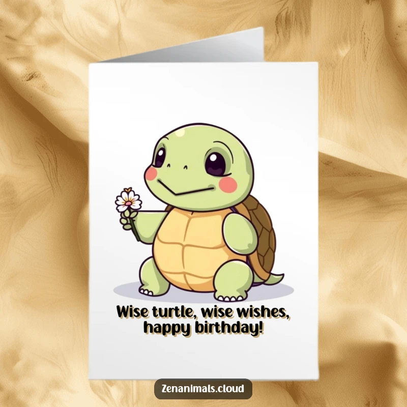 Funny Free Printable Birthday Card: Wise turtle offering a delicate flower with a knowing grin, perfect for a unique gift.