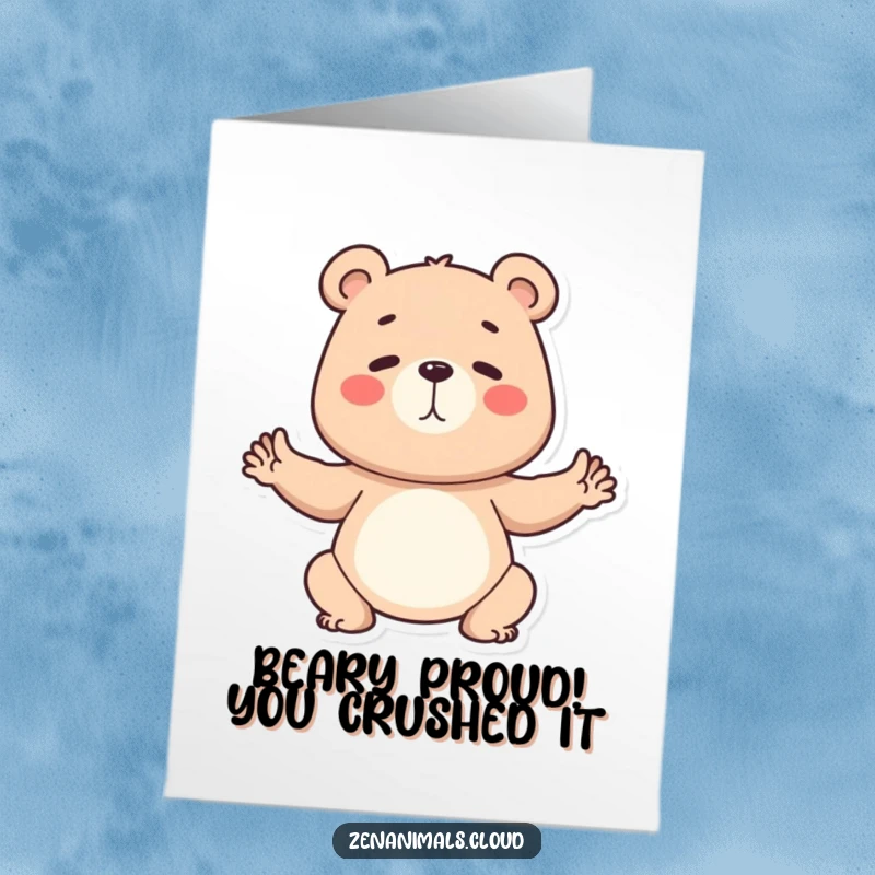 Funny free printable congratulations card featuring a determined bear in a challenging yoga pose, celebrating accomplishment.