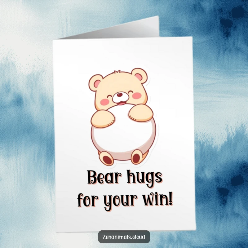 Funny Free Printable Congratulations Card: Joyful bear enthusiastically hugging a cushion, celebrating success with pure delight.