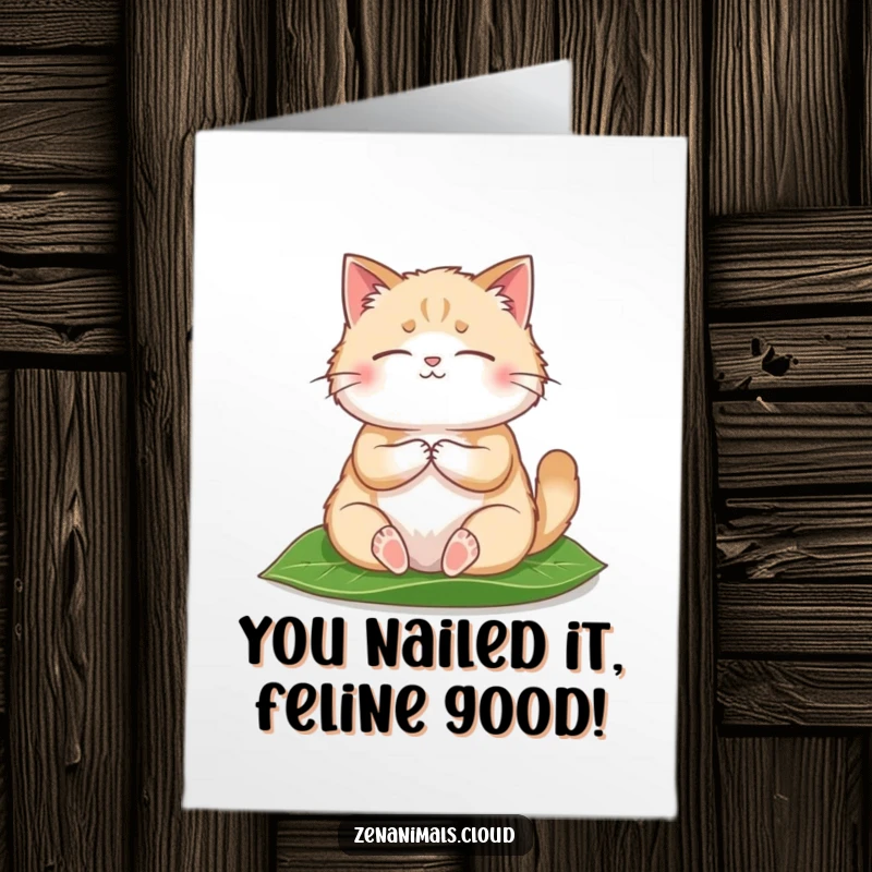 Funny free printable congratulations card showing a chubby cat meditating on a leaf, wishing peaceful success.