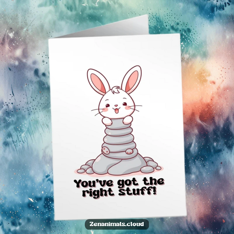 Funny free printable congratulations card: An energetic bunny smiling brightly while perfectly balancing a precarious stack of smooth pebbles.