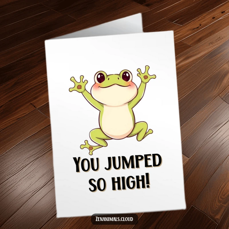 Funny Free Printable Congrats Card: A joyful frog leaping, congratulating your success with energetic flair.