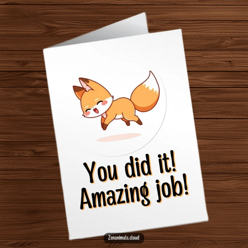 Funny Free Printable Congratulations Card: A playful fox happily chases its tail, a symbol of delightful, energetic celebration, perfect for any occasion.