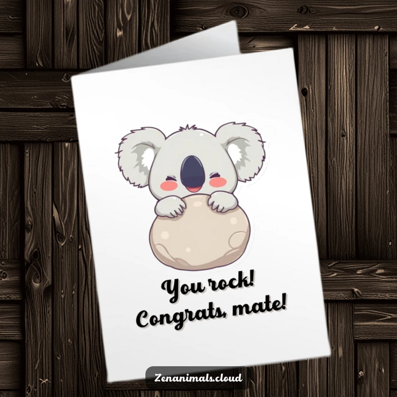 Funny Free Printable Congratulations Card: Joyful koala hugging a stone, eyes wide with delight, conveying heartfelt congrats. Downloadable art.