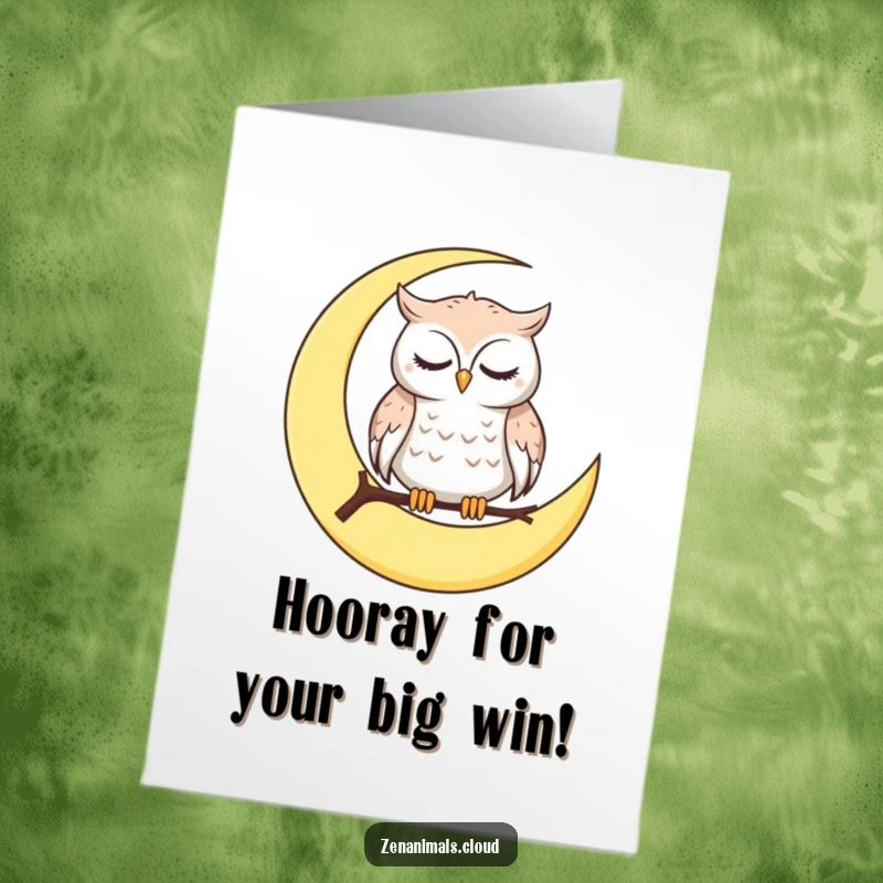 Funny Free Printable Congratulations Card: Owl perched on moon, blinking slowly, conveying serene congrats. Downloadable art.