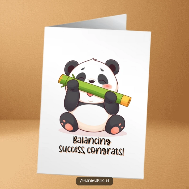 Free Printable Congratulations Card: A giggling panda bear expertly balancing a large bamboo shoot on its nose in celebration.