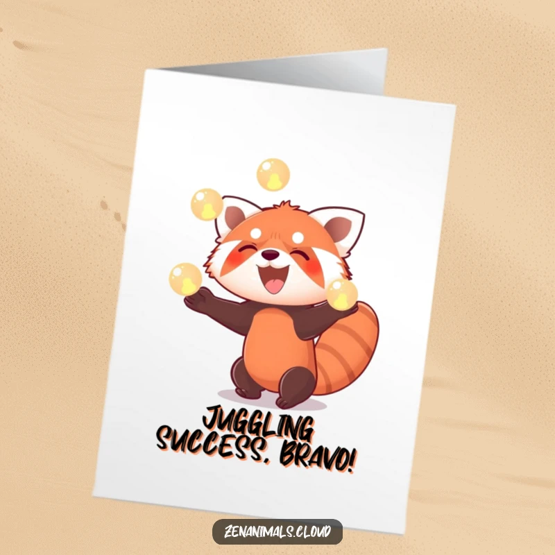 Free Printable Congratulations Card: A smiling red panda enthusiastically juggling three bright glowing orbs to celebrate an achievement.
