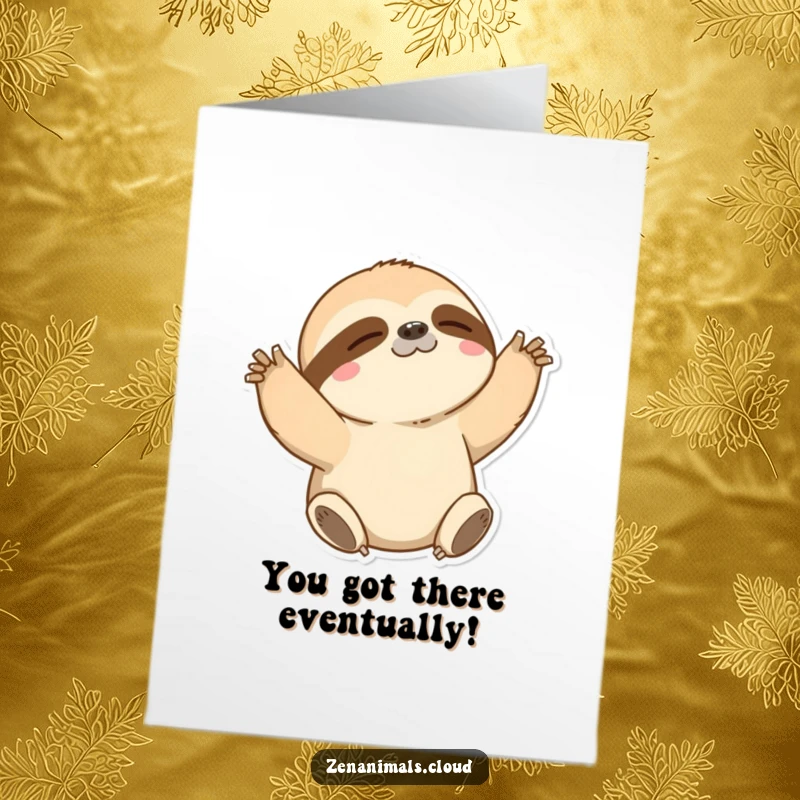 Funny Free Printable Congrats Card: A sloth slowly stretching, celebrating your hard-earned success with humor.