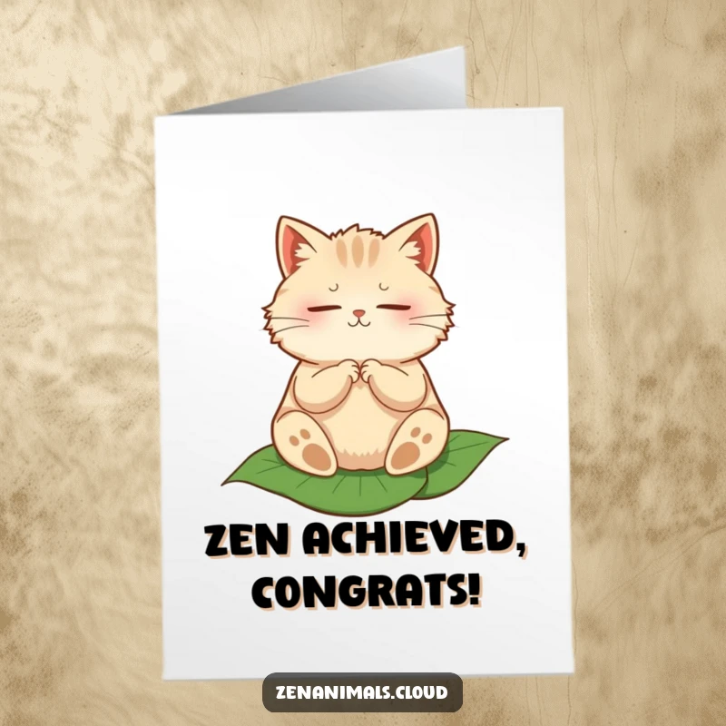 Funny free printable congratulations card: A round, fluffy cat in deep meditation, perched peacefully atop a vibrant green leaf.