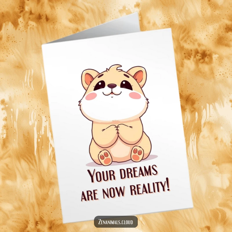 Free printable congratulations card featuring a content animal looking upwards dreamily, paws clasped, celebrating their wonderful success.