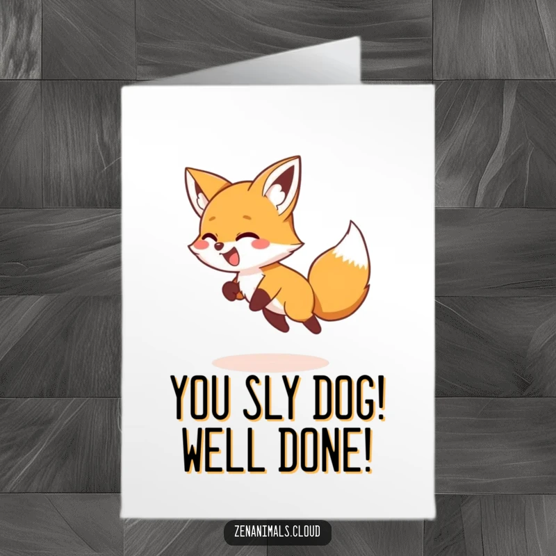 Funny free printable congratulations card featuring a giggling fox chasing its tail in a dizzying circle, celebrating victory.