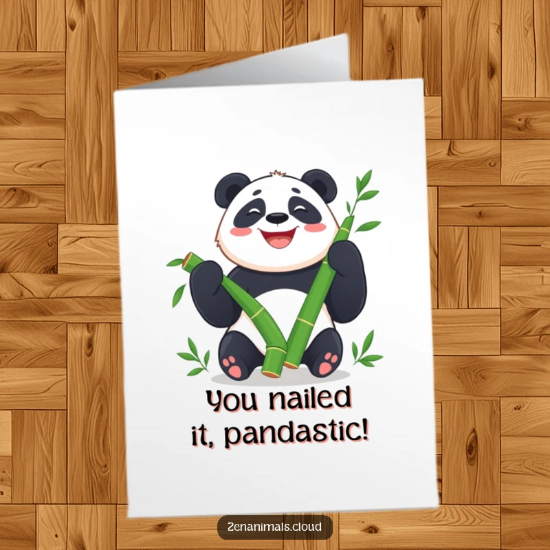 Funny free printable congratulations card showing a jubilant panda juggling bamboo shoots, celebrating an achievement.