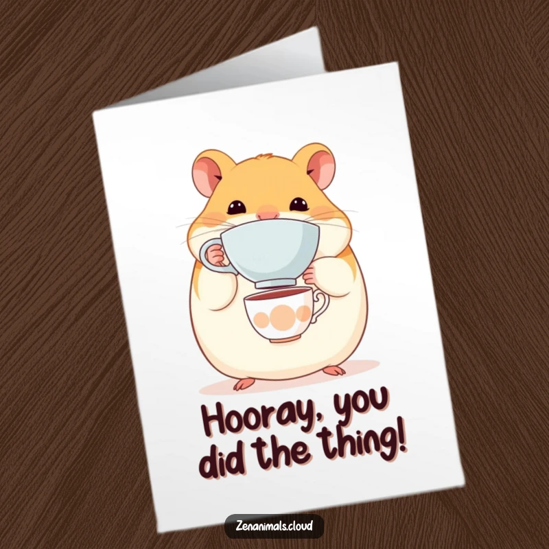 Funny Free Printable Congratulations Card showcasing a happy hamster balancing a miniature teacup on its nose. Downloadable success celebration.