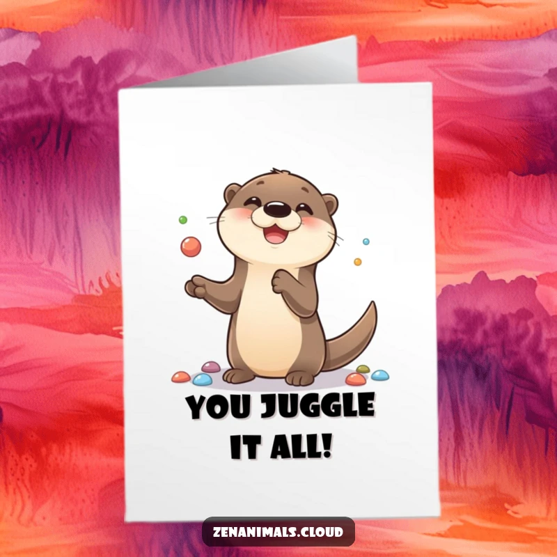 Funny Free Printable Otter Congratulations Card: A cute otter expertly juggling colorful pebbles, celebrating a momentous occasion with a proud smile.