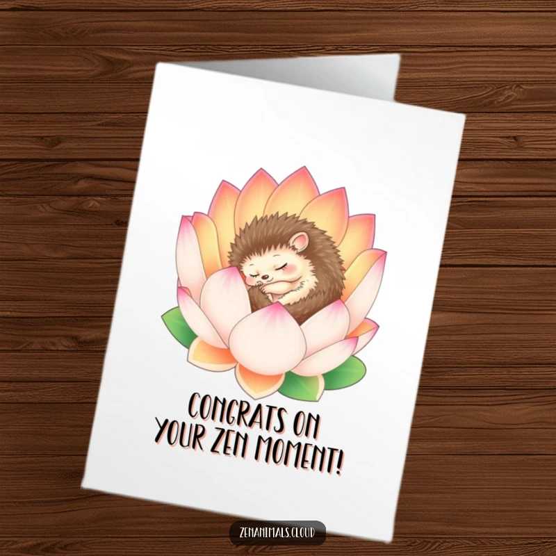 Funny Free Printable Congratulations Card: A sleepy hedgehog resting serenely inside a blooming lotus flower, celebrating calm success.