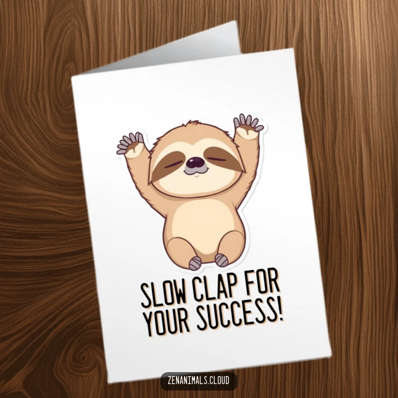 Funny Free Printable Sloth Congratulations Card: A sleepy sloth stretching its arms upwards, celebrating a well-deserved achievement with a slow smile.