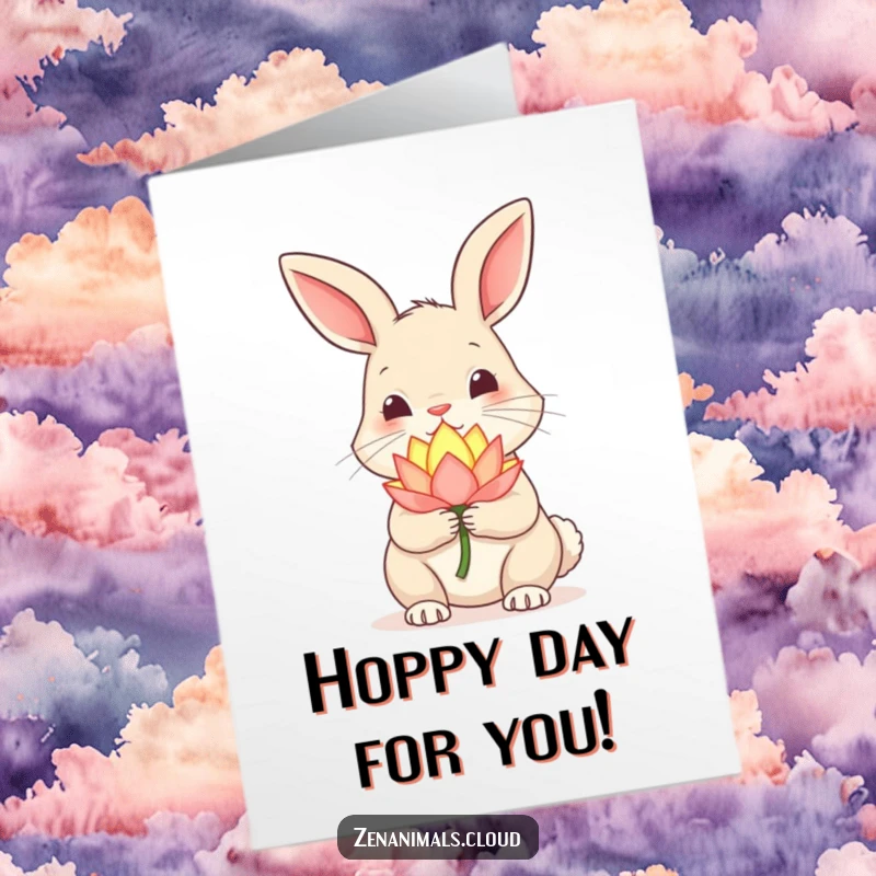 Funny free printable congratulations card where a curious rabbit holds a luminous lotus, symbolizing good fortune.