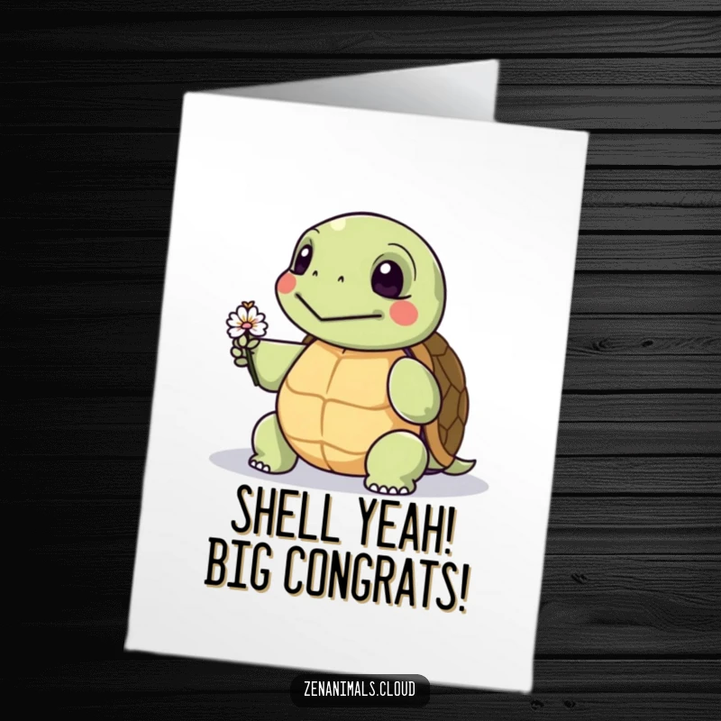 Funny Free Printable Congratulations Card: A wise turtle presents a tiny flower, symbolizing thoughtful and humorous well wishes.
