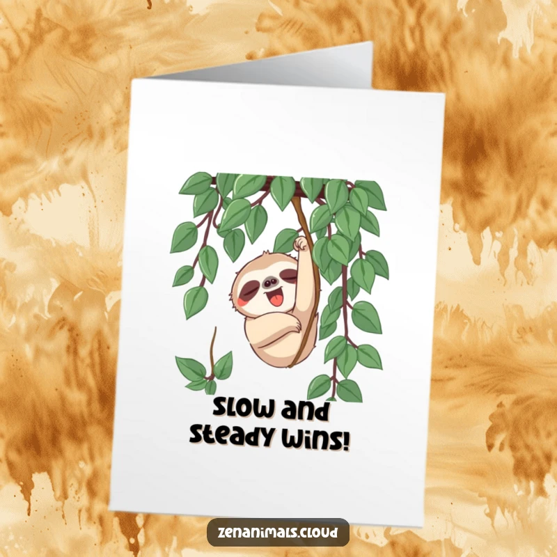 Funny Free Printable Congratulations Card: Sleepy sloth reaching for a vine, symbolizing slow but sure progress and success.