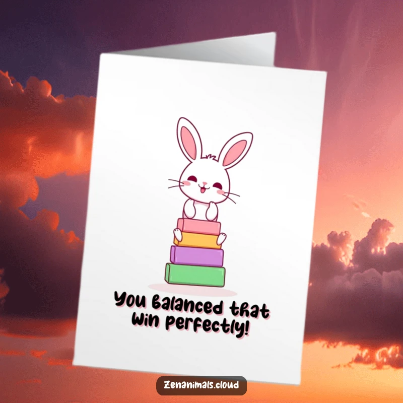 Funny Free Printable Congratulations Card: A cheerful bunny struggling hilariously to balance yoga blocks.