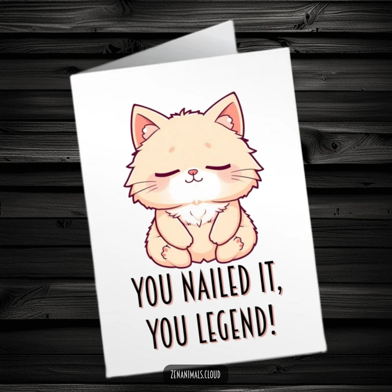 Funny Free Printable Congratulations Card showing a serene, smiling cat in meditation. Perfect downloadable announcement of success.