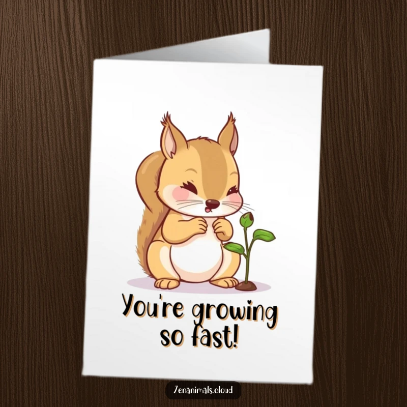 Funny Free Printable Congrats Card: A curious squirrel inspects a tiny sprout, symbolizing growth and congratulations.