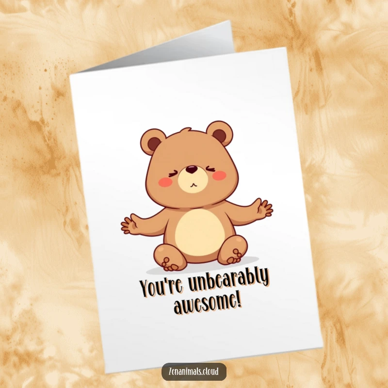 Funny free printable congratulations card: A bear intensely focused on holding a difficult yoga posture, embodying determination.