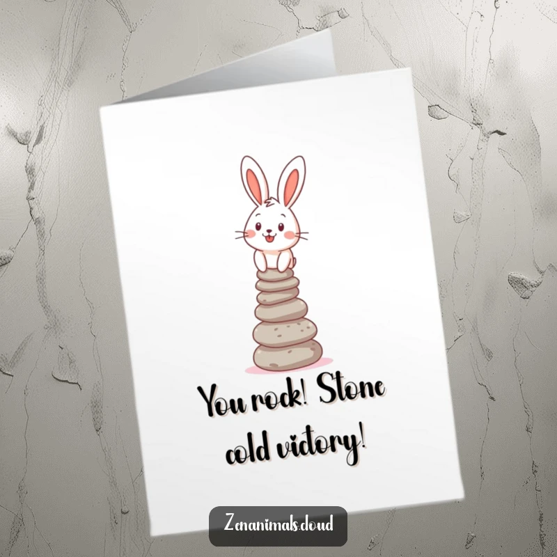 Funny free printable congratulations card featuring a cheerful bunny balancing a precarious stack of pebbles, celebrating success.