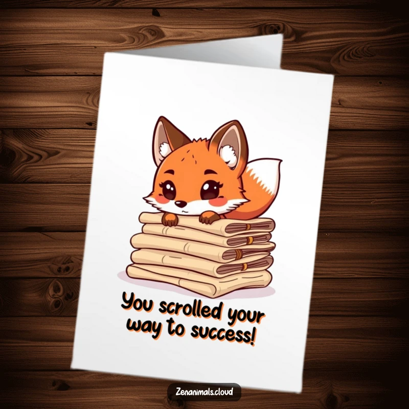 Funny Free Printable Congratulations Card: Sly fox emerging from scrolls, tail wagging, celebrating a big win.