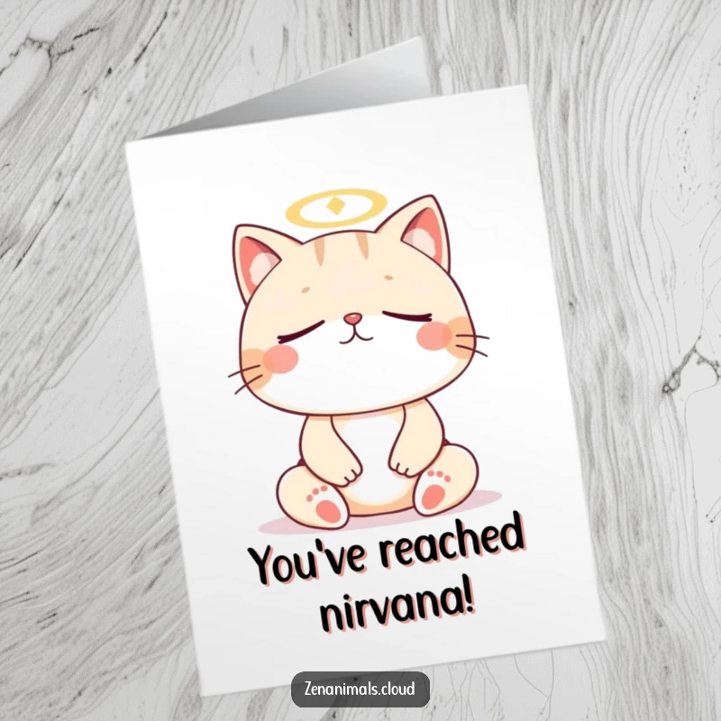 Funny Free Printable Congratulations Card: Meditating cat with halo, serene expression, celebrating peace and success.