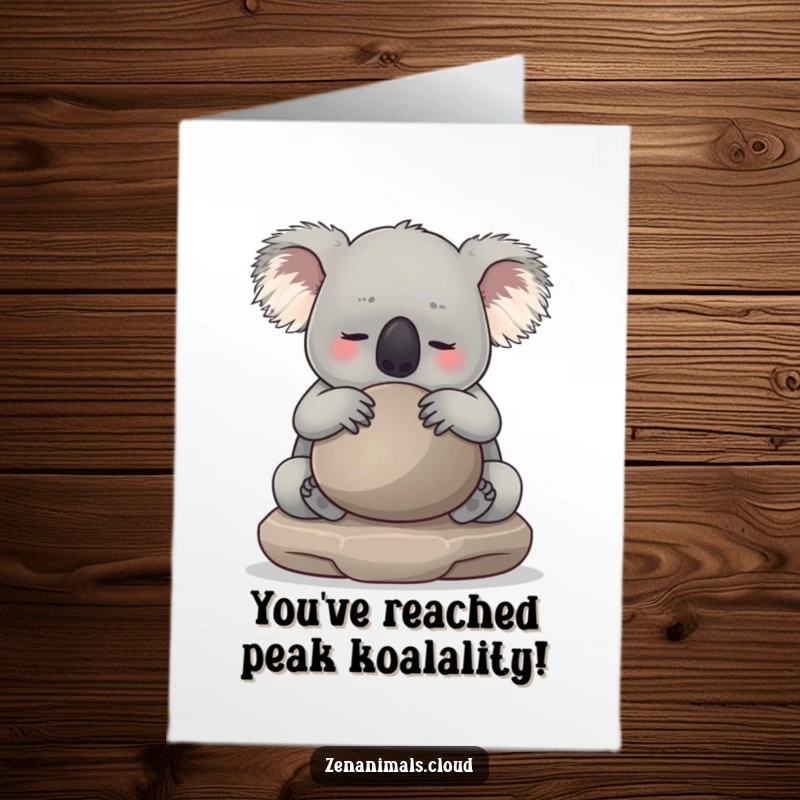 Funny free printable congratulations card featuring a serene koala embracing a meditation stone, celebrating your success. A zen downloadable.