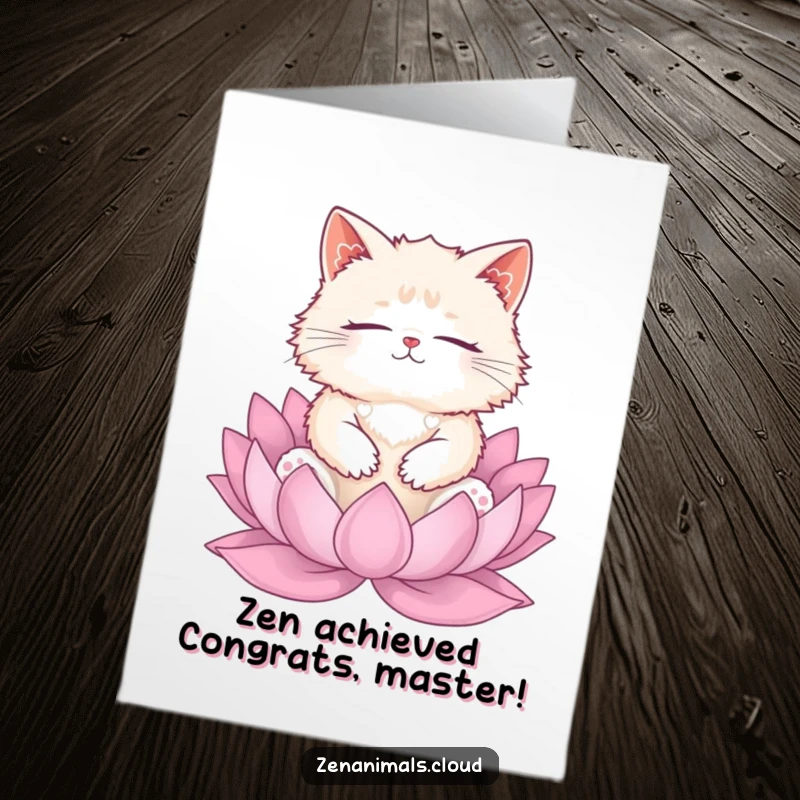 Funny Free Printable Congratulations Card: A fluffy cat in deep meditation on a lotus, radiating peace and calm.